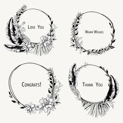Vector monochrome set of tropical wreaths, Exotic vintage bloomi