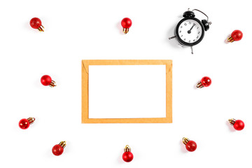 Festive flat lay composition with blank invitation for new year celebration and craft paper envelope. Christmas greeting card template concept. Background, copy space, top view.