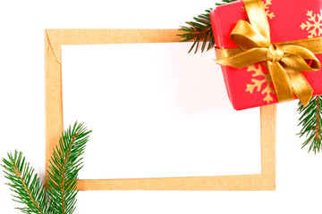 Festive flat lay composition with blank invitation for new year celebration and craft paper envelope. Christmas greeting card template concept. Background, copy space, top view.