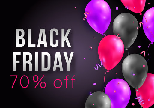 Vector Black Friday sale poster with shiny balloons, ribbons and confetti. Template for advertising posters, banners, flyers, leaflets, cards.