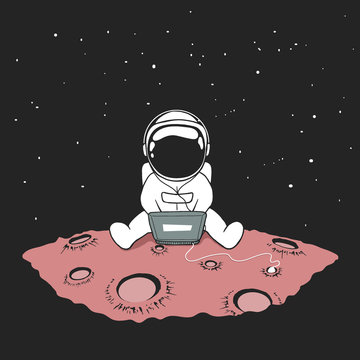 Cute an astronaut sits in internet and listens to music on a computer in outer space on planet.Space vector illustration