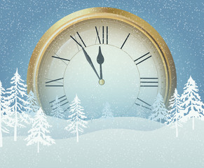 Fototapeta na wymiar Christmas and New Year poster with golden clock and snow.