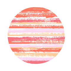 Abrupt circle vector geometric shape with striped texture of paint horizontal lines. Old paint texture disk. Badge round shape circle logo element with grunge background of stripes.