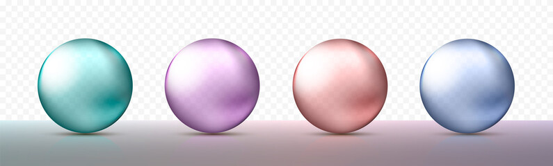 Four realistic transparent spheres or balls in different shades of metallic blue, purple and green colors. Objects for design. Vector illustration eps10