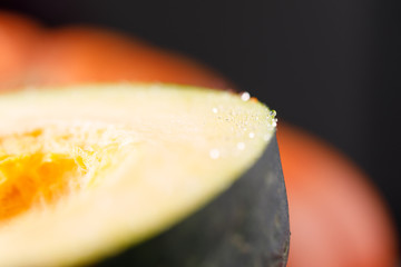Fresh slice of pumpkin macro. Yellow sweet pumpkin fresh harvest.