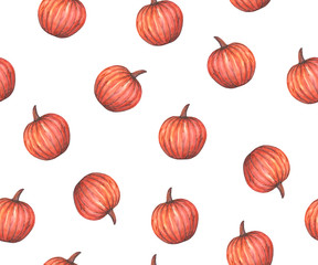 Seamless pattern with pumpkins on the white background, watercolor