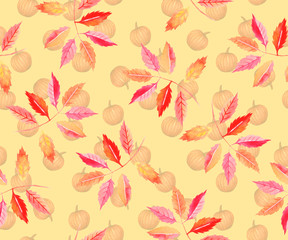 Festive seamless pattern for Thanksgiving, leaves, fruits, vegetables, watercolor