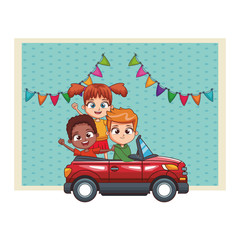 Obraz na płótnie Canvas three kids driving car cartoon