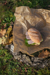 Ciabatta baguette sandwiches with ham, cheese and lettuce