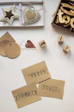 Christmas Decoration And  Cards  With Stamps On The White Table