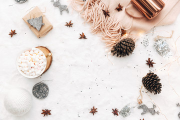 Flat lay Christmas, New Year white composition with decorations Winter holiday .Top view. Copy space