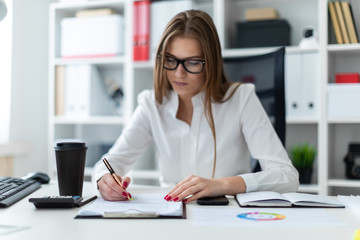 Young girl sitting at the table and working with a computer, documents and calculator