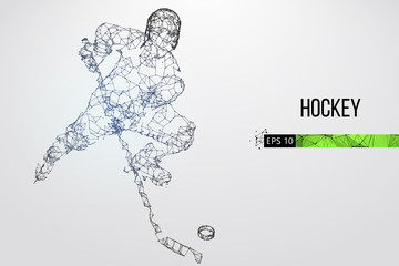 Silhouette of a hockey player from particles, lines and triangles on background. Vector illustration