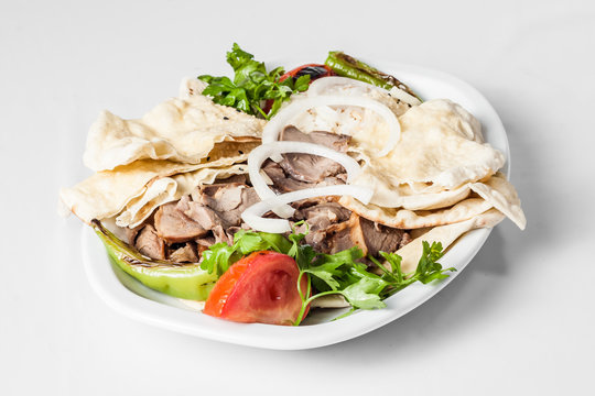 Traditional Turkish Food Lavash, Kebab in Plate on White Background
