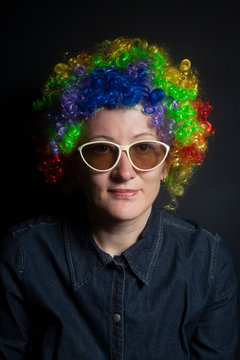 Funny clown woman, female with sunglasses