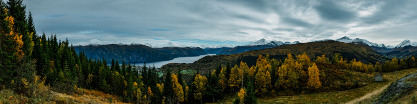 panorama view Norwegian Mountains and fjords