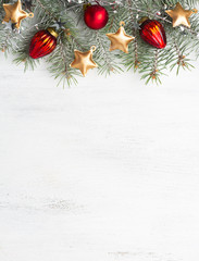 Christmas decoration on old wooden shabby background. Flat lay.