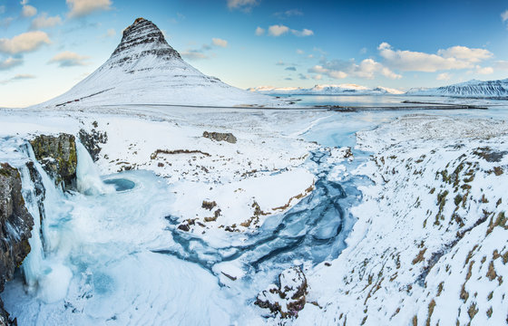 Famous Kirkjufell mountain in winter, Iceland