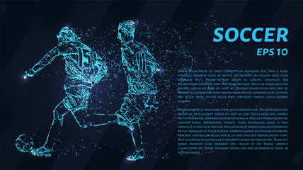 Obraz premium Soccer of the particles carries in the wind. Silhouette of a soccer player from circles. Football of blue glowing dots.