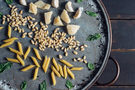 Pasta pesto components from overhead