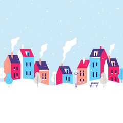Fototapeta na wymiar Winter cityscape. Snowy street in small town. Vector illustration.