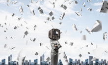 Business woman with old TV instead of head.