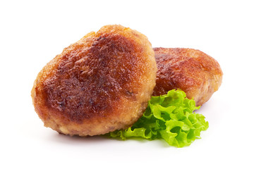 Homemade Roasted meatballs with lettuce, close-up, isolated on a white background