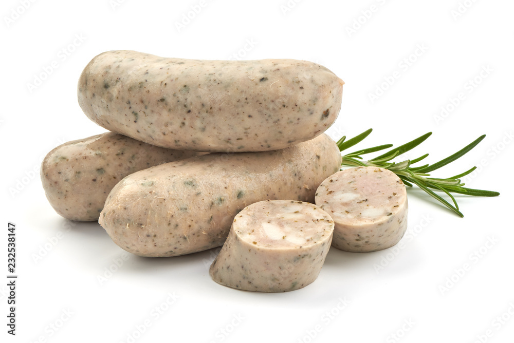 Wall mural sliced original munich white sausage with herbs, isolated on a white background. close-up.