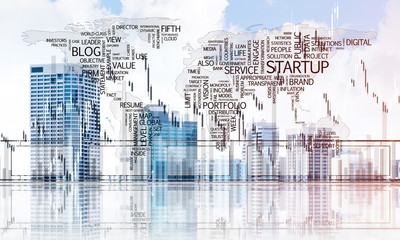 Concept of global communication and networking with world map over cityscape