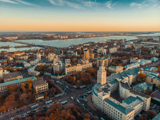 South-East Railway Administration Building in Voronezh and aerial panoramic view to city downtown at autumn sunset
