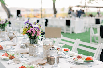 Rows of empty white folding chairs sitting on a lawn. Table setup
