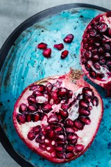 delicious, juicy half cut pomegranate on a blue handmade ceramics plate