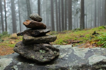 Stack of stones on a mossy rock in a foggy forest.