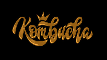 Kombucha hand written vector logo. Healthy fermented probiotic tea. Cleanly vectorized hand lettering, calligraphy in 3d golden style. Text sign design for logo, print, cool badge, packaging, label.