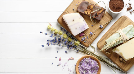 Handmade natural Soap with Dried lavender on a white wooden background