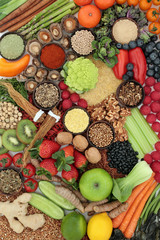 Super food for liver detox concept with fresh fruit, vegetables, supplement powders, grains, seeds, herbs & spices used in herbal medicine. High in omega 3, antioxidants, vitamins & fibre. Top view.