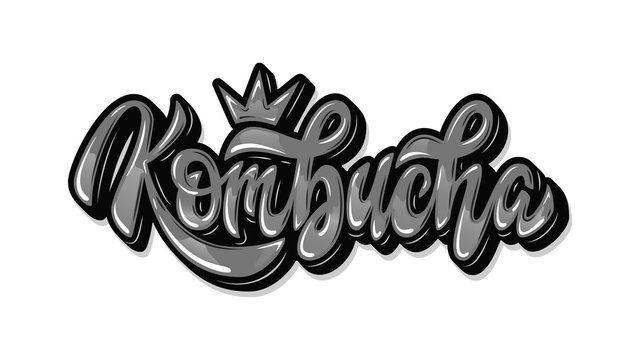 Kombucha hand written vector logo. Healthy fermented probiotic tea. Cleanly vectorized hand lettering, calligraphy in 3d silver style. Text sign design for logo, print, cool badge, packaging, label.