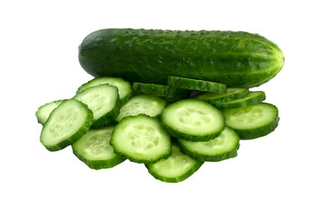 Fresh green cucumbers on a white background. One whole cucumber and several slices isolated on white background.