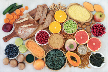 Health food for a high fibre diet with fruit, vegetables, whole grain bread, grains, whole wheat pasta, legumes, nuts, seeds, spirulina and cereals. High in antioxidants, anthocyanins & vitamins. 