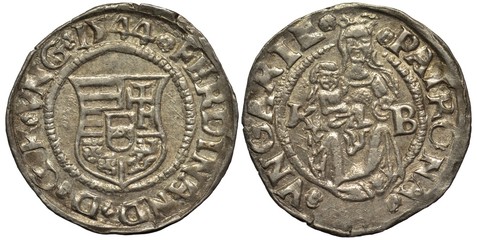 Hungary Hungarian silver coin 1 one denar 1544, shield with designs within circle, Madonna with child flanked by letters K and B,