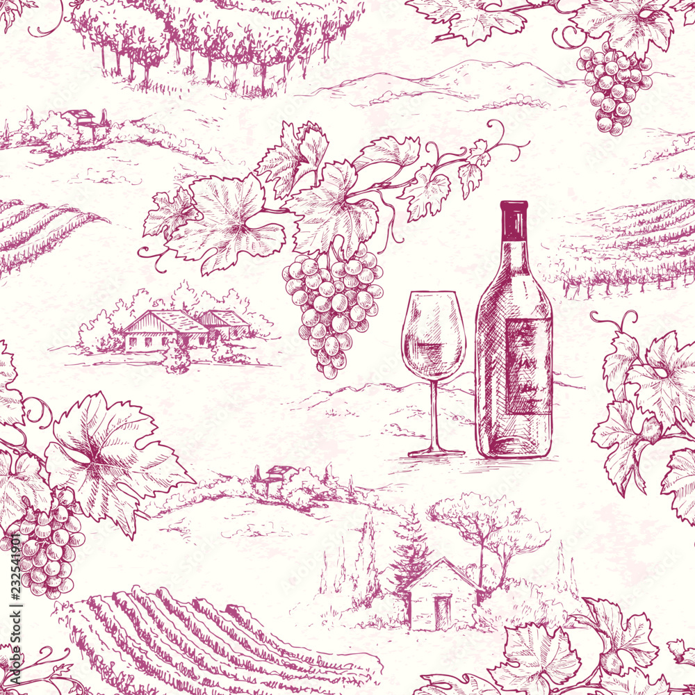 Wall mural seamless pattern with grape branches and vineyards