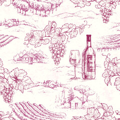 Seamless Pattern with Grape Branches and Vineyards