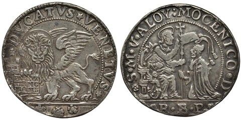 Venice Venetian Italy Italian coin 1 one ducato 1768, winged lion of St Mark holding book, nimbus above lion’s head, seated and kneeling figures divided by standard,
