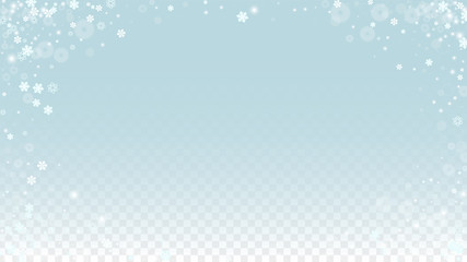 Christmas  Vector Background with White Falling Snowflakes Isolated on Transparent Background. Realistic Snow Sparkle Pattern. Snowfall Overlay Print. Winter Sky. Design for Party Invitation.