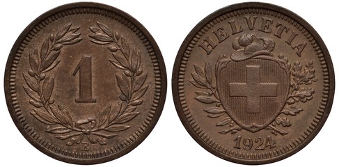 Switzerland Swiss coin 1 one rap 1924, face value flanked by laurel branches, shield with cross and hat on top flanked by laurel and oak branches, 