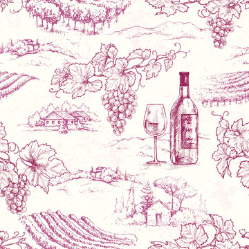 Naklejki Seamless Pattern with Grape Branches and Vineyards