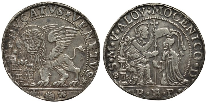 Venice Venetian Italy Italian coin 1 one ducato 1768, winged lion of St Mark holding book, nimbus above lion&rsquo;s head, seated and kneeling figures divided by standard,