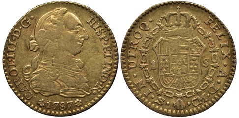 Spain Spanish golden coin 1 one escudo 1787, bust of ruler King Carl III right, crowned shield with...