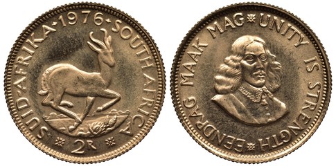 South Africa South African golden coin 2 two rand 1976, Springbok right, bust of Jan van Riebeeck...