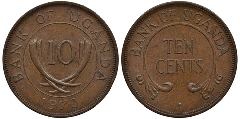 Uganda Ugandan coin 10 ten cents 1970, value between tusks within central circle, value in words...